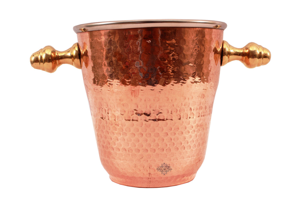 Indian Art Villa Pure Steel Copper Ice Bucket Wine Cooler with Brass Stand 1000 ML