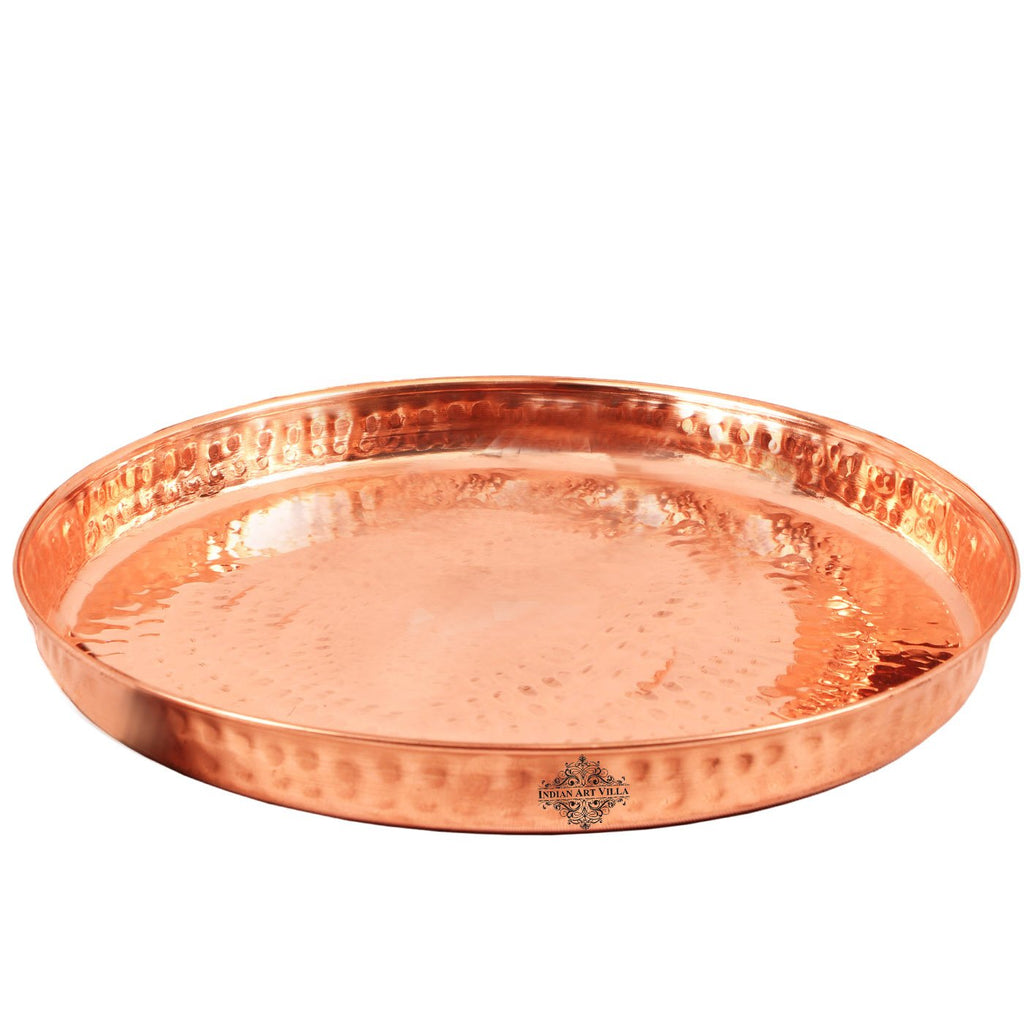 Indian Art Villa Copper Thali plate Hammer Design, Serve-ware & Dinnerware, Diameter:- 13" Inch