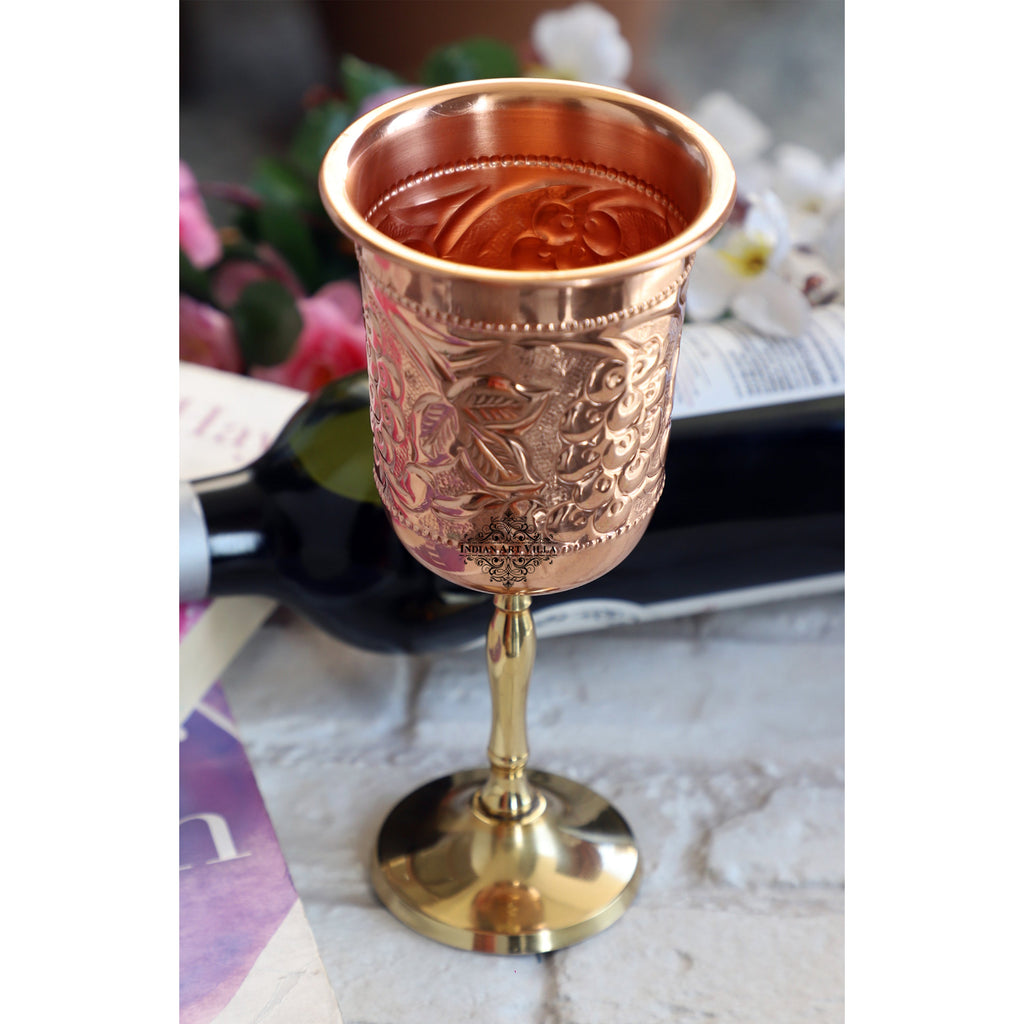 Indian Art Villa Pure Copper Wine Glass With Grape Vines Embossed Design & Brass Bottom , Serving Drinking Wine Cocktail Bar Hotel Restaurant