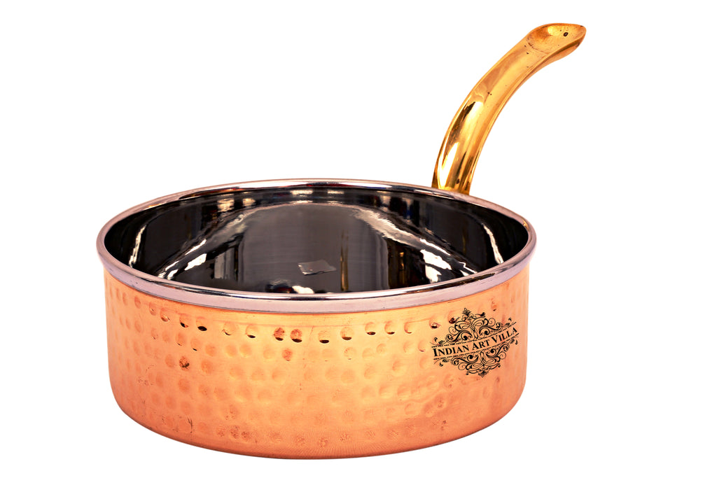 Indian Art Villa Pure Steel Copper Hammered Design Serving Sauce Pan with Brass Handle
