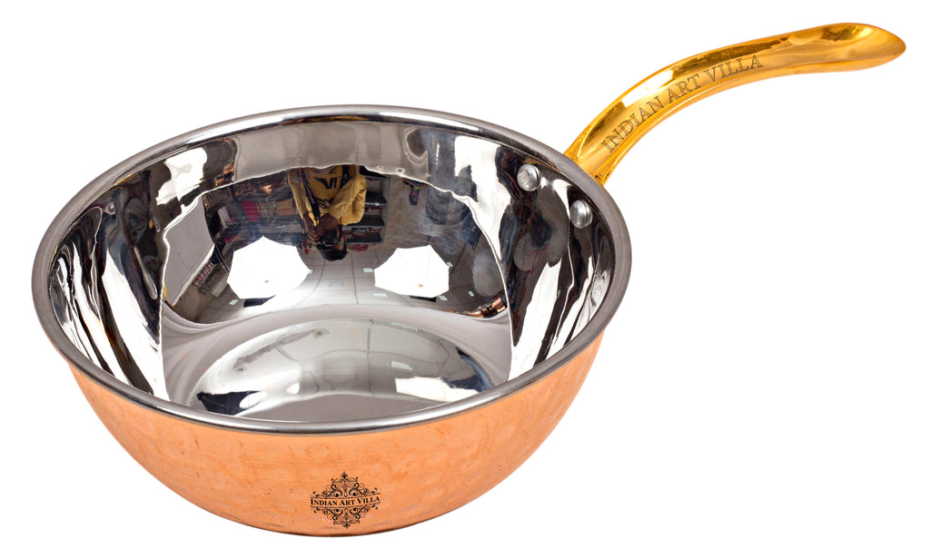 Indian Art Villa Pure Steel Copper Hammered Serving Pan with Brass Handle