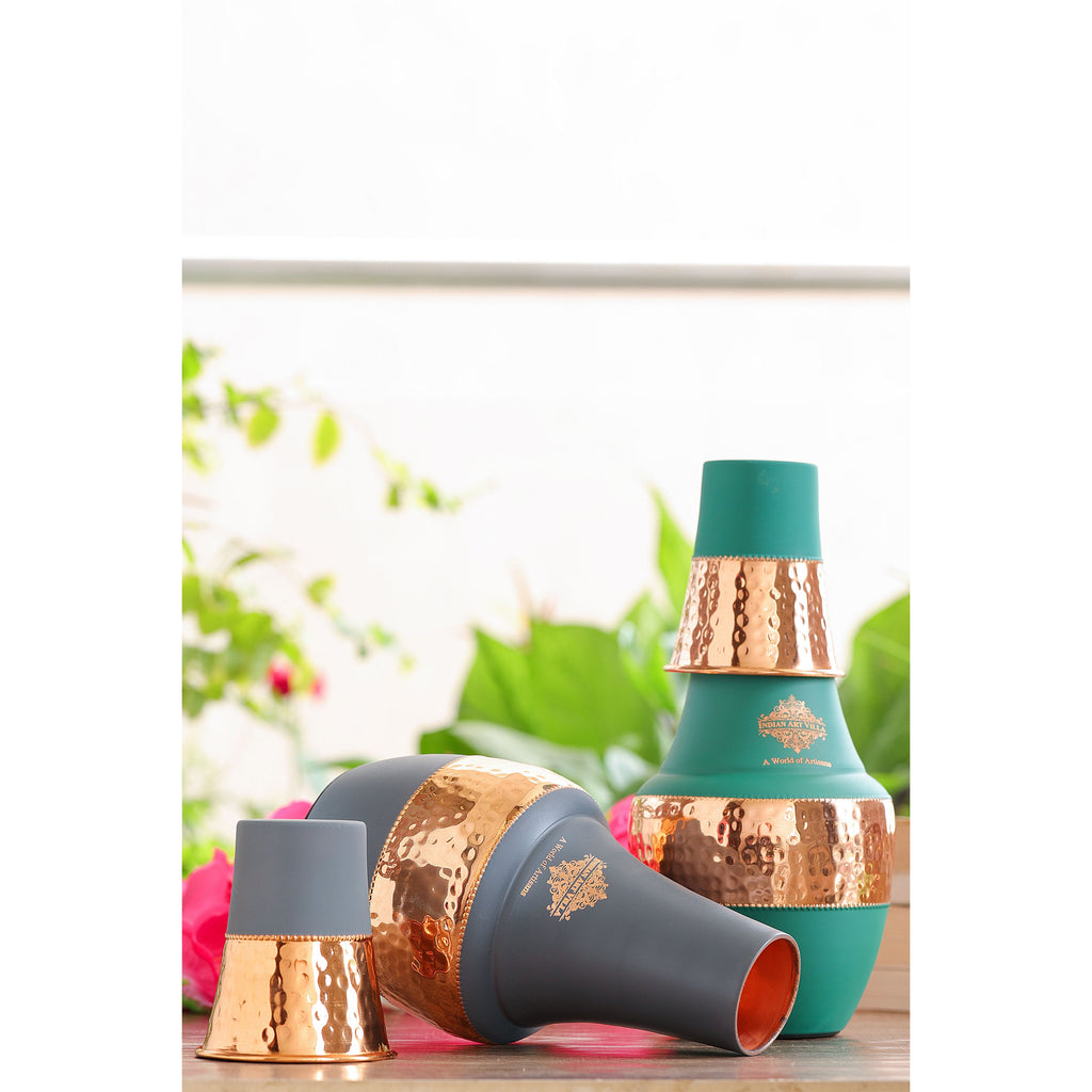 Indian Art Villa Pure Copper Lacqure Coated half Silk Half Hammered Design Surahi Shape Bedroom Bottle With Inbuilt Glass in Green & Grey Color, Storage & Drinkware, Volume- 1250 ML, Set of 2