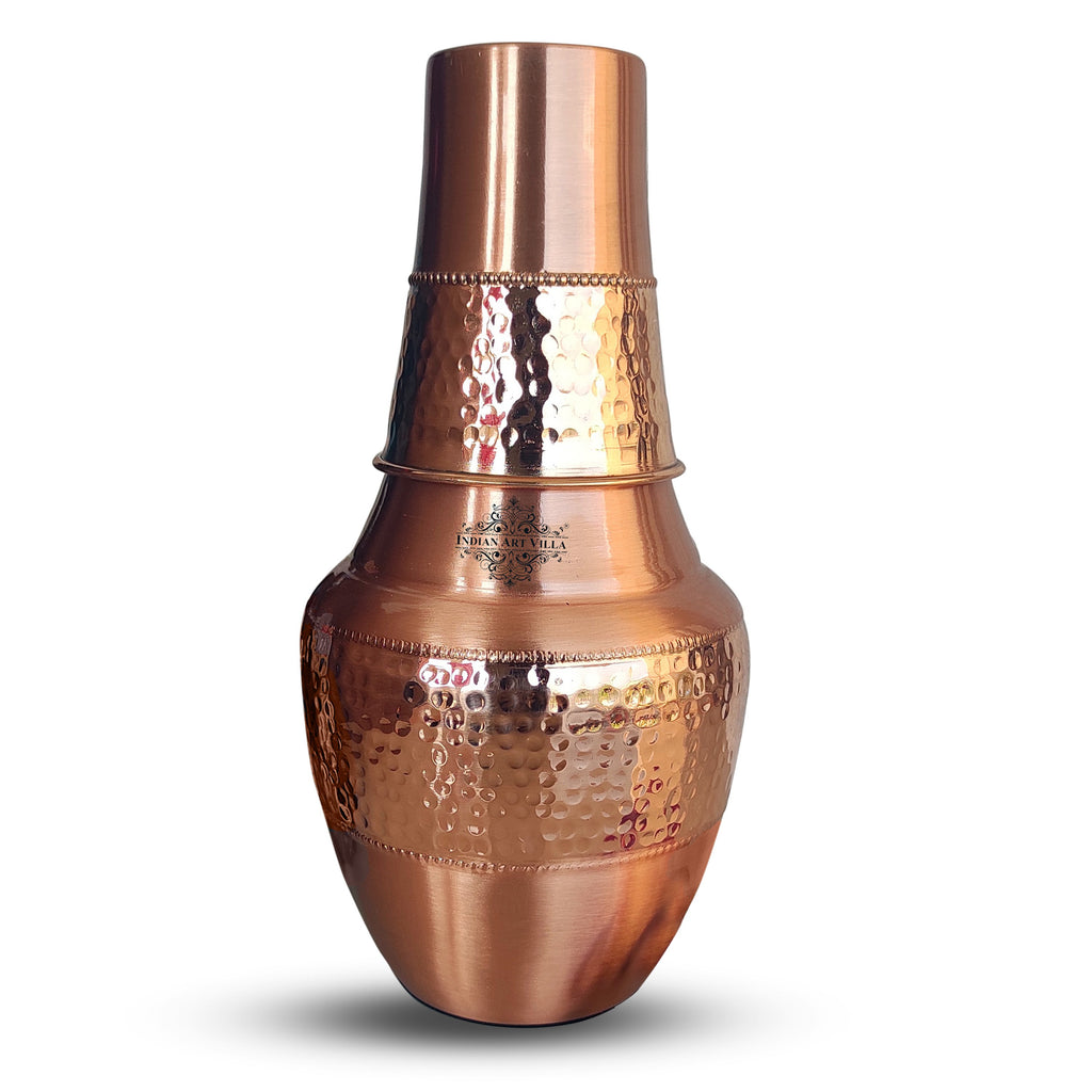 INDIAN ART VILLA Pure Copper Hammered Lacquer Coated Surai Shaped Bedroom Bottle with a Built-in Glass, 1250 ML, Glass : 250 ml
