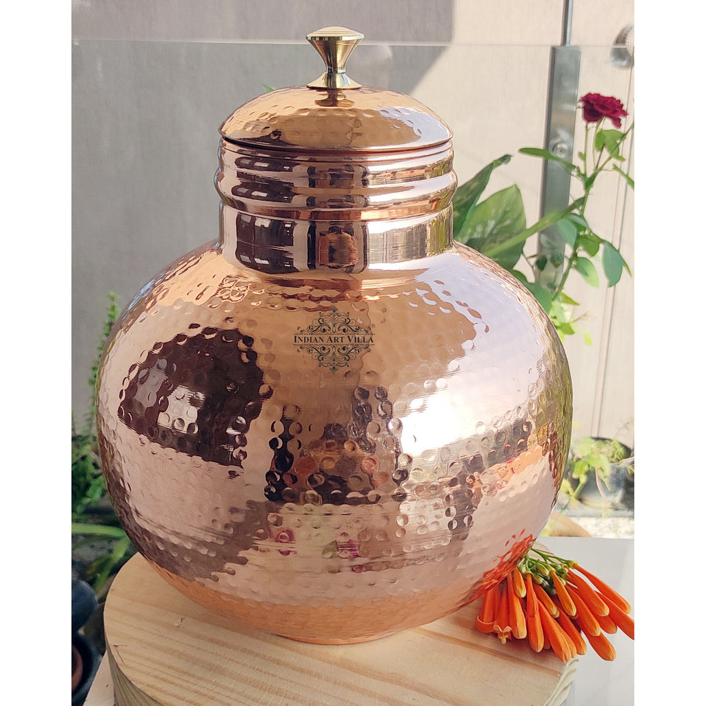 Indian Art Villa Pure Copper Hammered Design Matka/Pot with Lid & Brass Knob On Top, Drinkware & Storage Purpose,