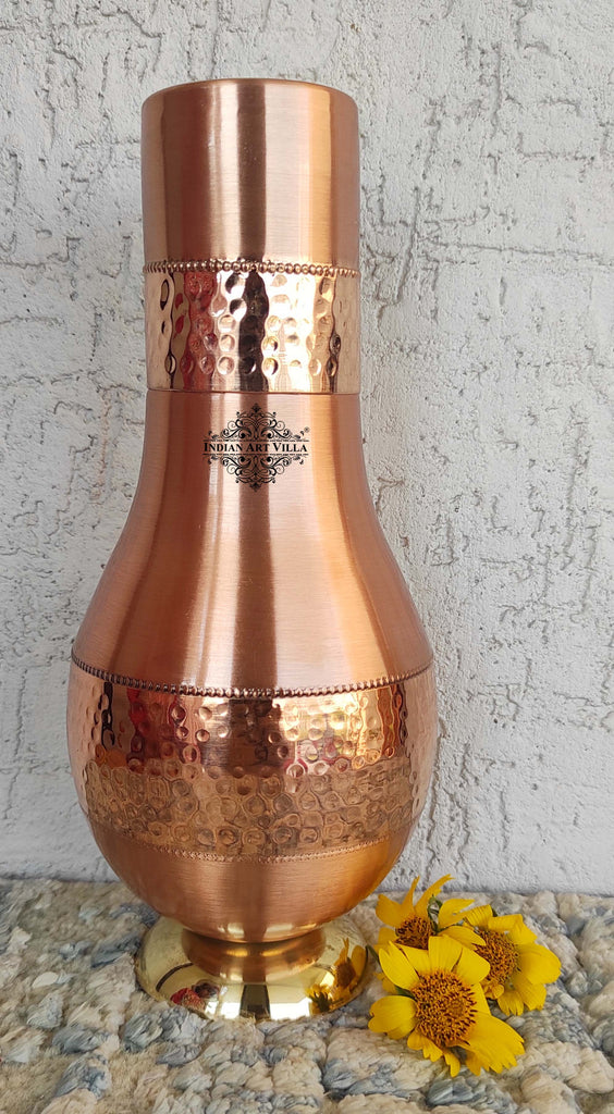 Indian Art Villa Pure Copper Hammered Lacquer Coated Leak Proof Surai Shaped Bedroom Bottle with a Built-in Glass & Brass Bottom, Drinkware, Serveware, Bottle : 925 ml, Glass : 250 ml
