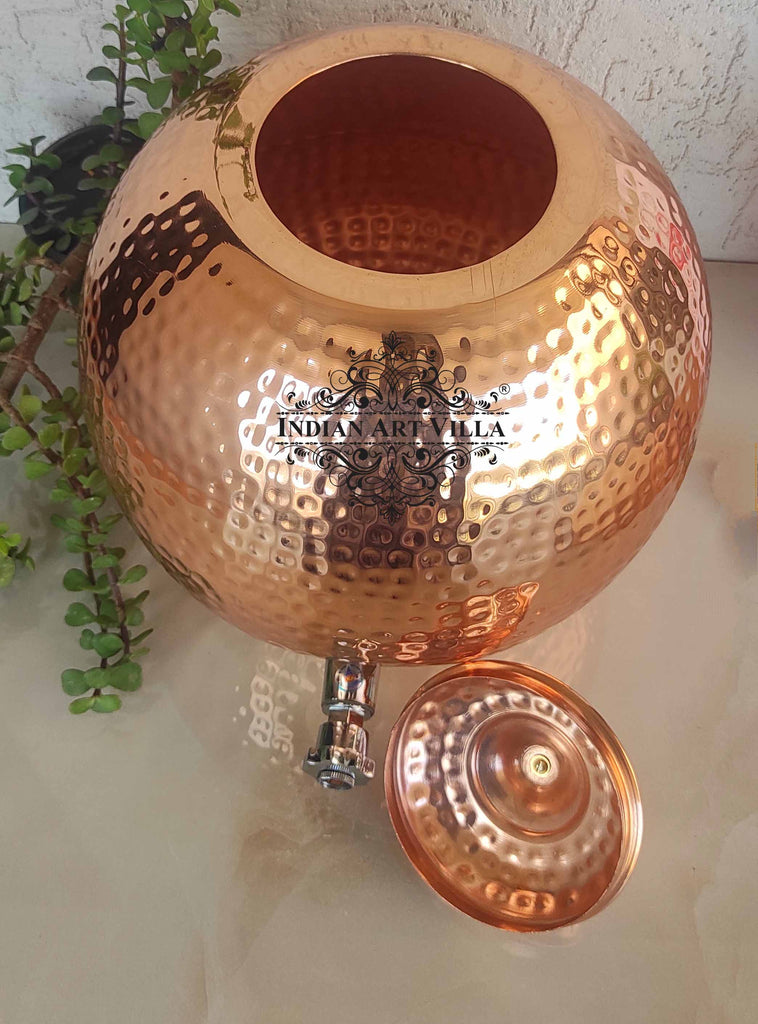 Indian Art Villa Pure Copper Hammered Design Matka & Lid With Brass Tap and Knob, Drinkware & Storage Purpose, Volume- 12 Liters