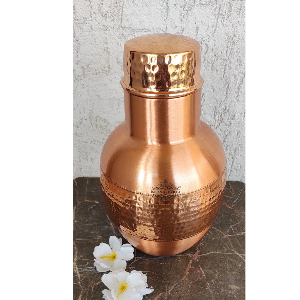 Indian Art Villa Pure Copper Half Hammered & Half Lacquered Pot Shaped Bedroom Bottle With Inbuilt Glass, Drinkware, Tableware, Volume 1650 ml