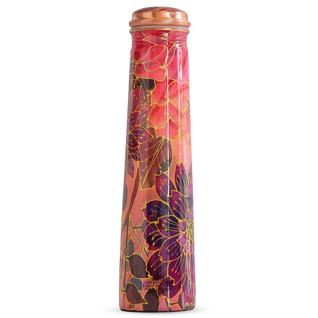 Indian Art Villa Pure Copper Tube Slim Bottle in Pink Floral Print, Volume - 750 Ml