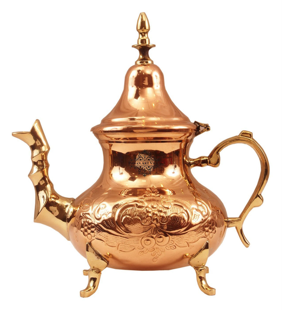 INDIAN ART VILLA Copper Designer Mughlai Tea Pot with Inside Lining