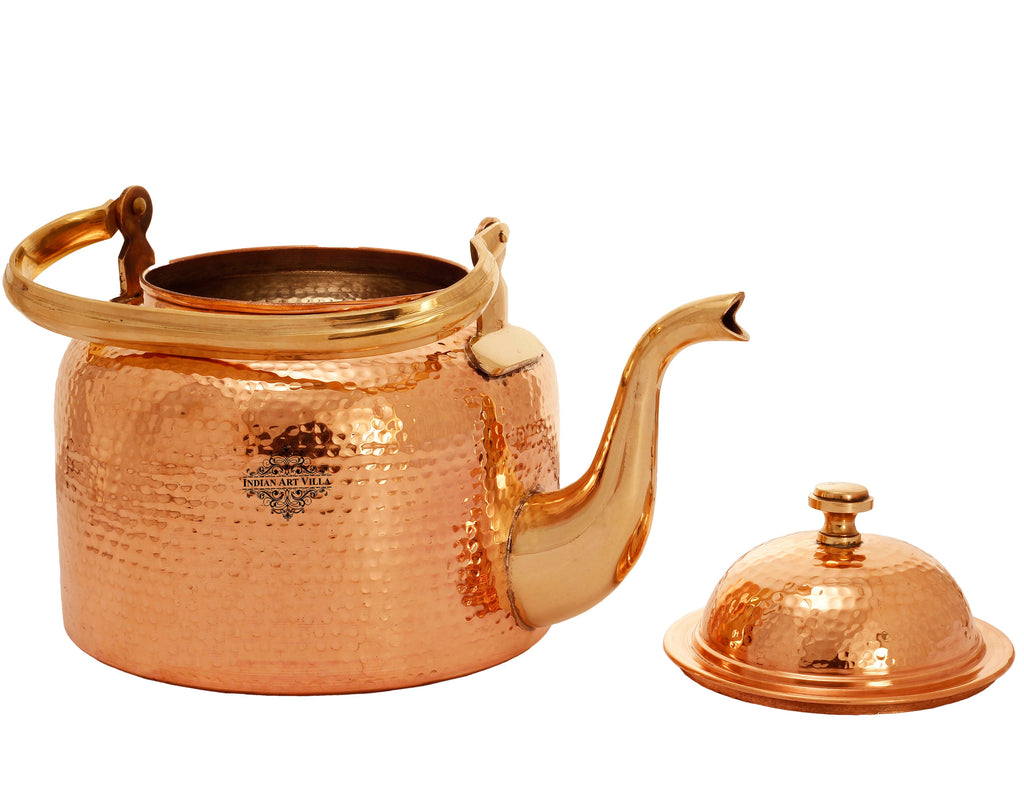 Indian Art Villa Copper Hammered Tea Kettle Pot Inside Tin Lining, Serveware,
