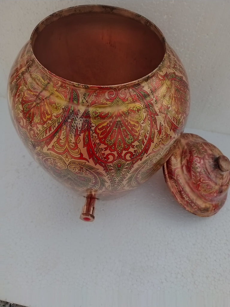INDIAN ART VILLA Printed Leaf Design Copper Water Dispenser Pot Matka, Storage, Home Kitchen Garden