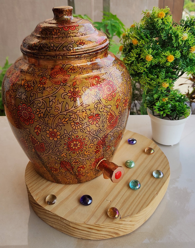 INDIAN ART VILLA Printed Paisely Design Copper Water Dispenser | Pot Matka | Water Storage |