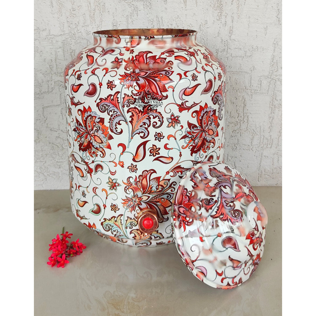 Indian Art Villa Copper Printed Water Pot With White Red Floral Print, Drinkware & Storage Purpose, Ayurvedic Health Benefits, Volume-13 Liters