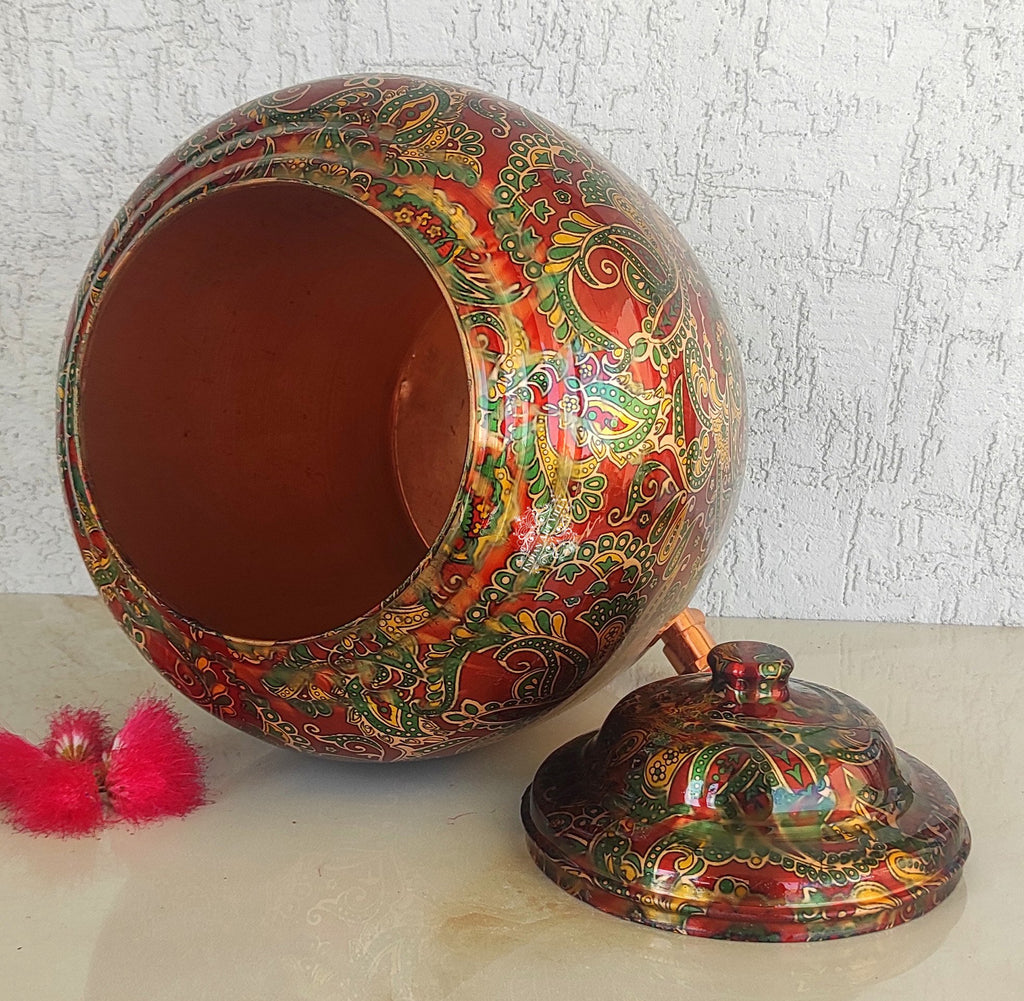 Indian Art Villa Pure Copper Printed Red And Green Paisley Water Pot, Dispenser, Drinkware, Tableware, 13 Litres
