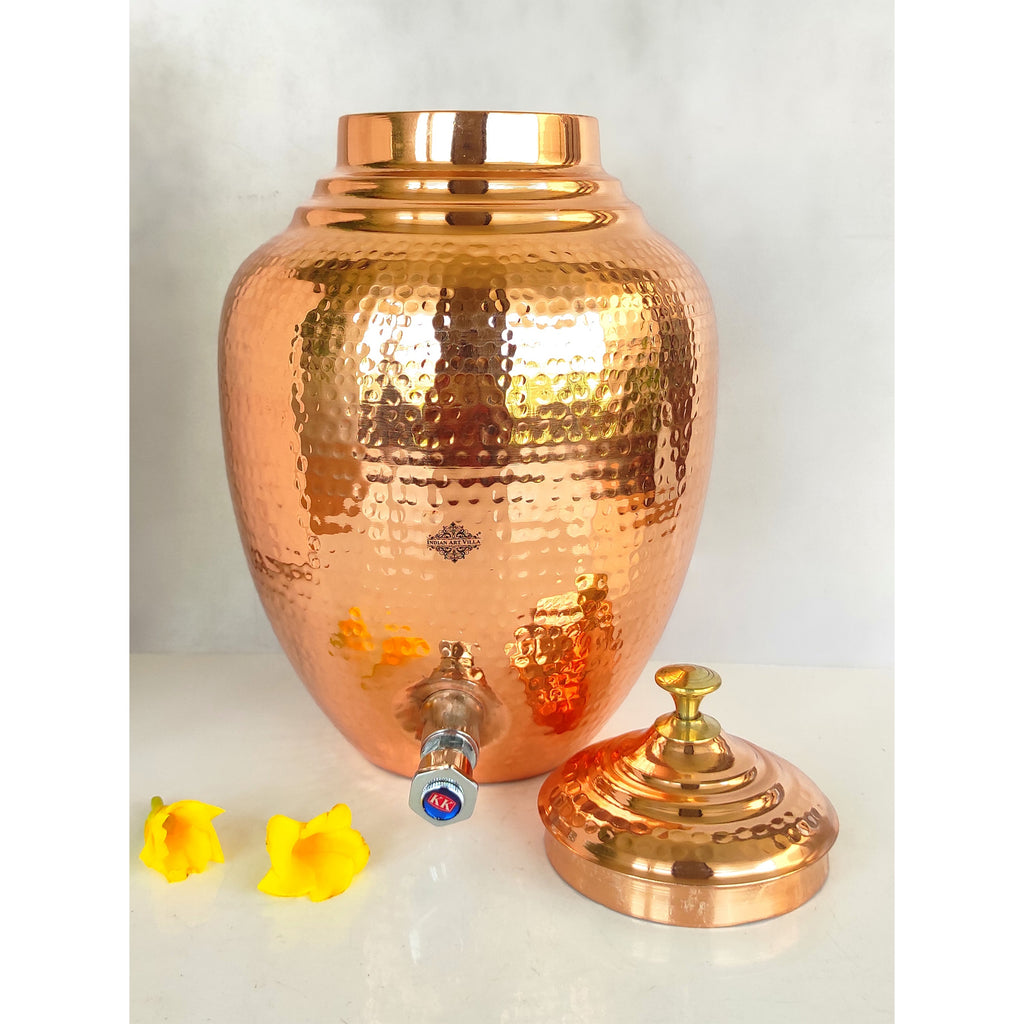 Indian Art Villa Hammered Design Copper Water Dispenser Pot Matka, Storage, Home Kitchen Garden, Volume-8.5 Ltrs