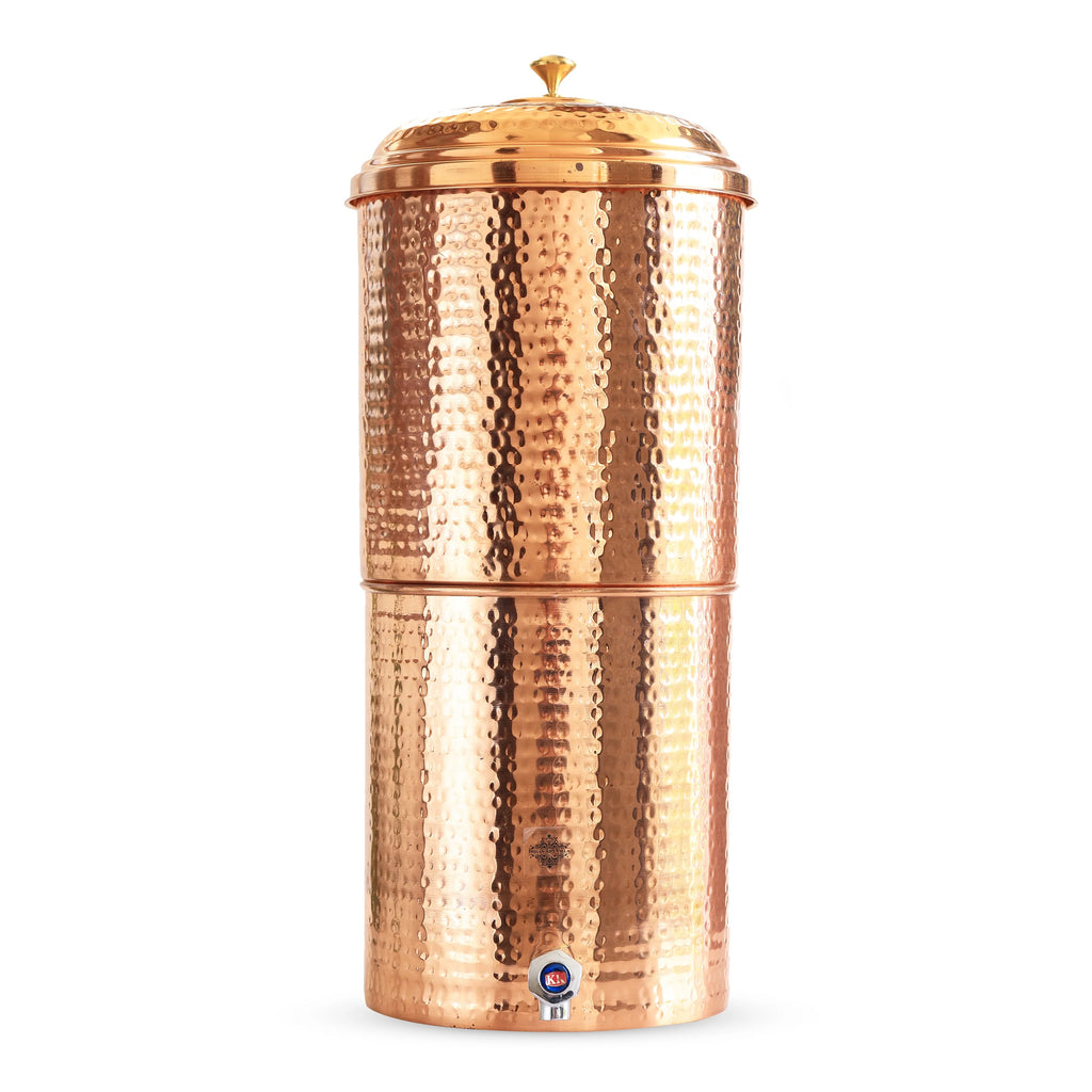 Indian Art Villa Pure Copper Hammered Design Filter Water Dispenser Pot With Candle Inside, Storage Water in Home Kitchen Garden