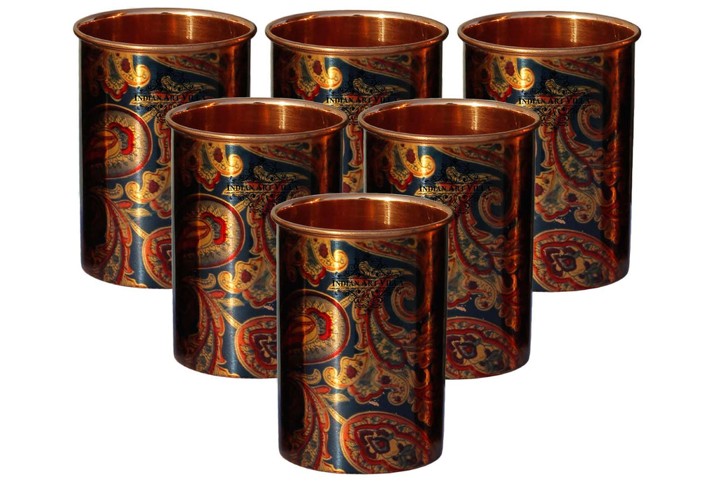 Indian Art Villa Pure Copper Glass Tumbler Printed Designer Drinkware Serveware