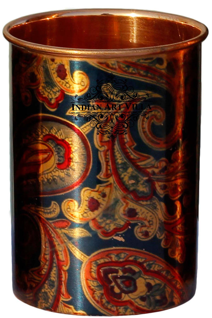 Indian Art Villa Pure Copper Glass Tumbler Printed Designer Drinkware Serveware