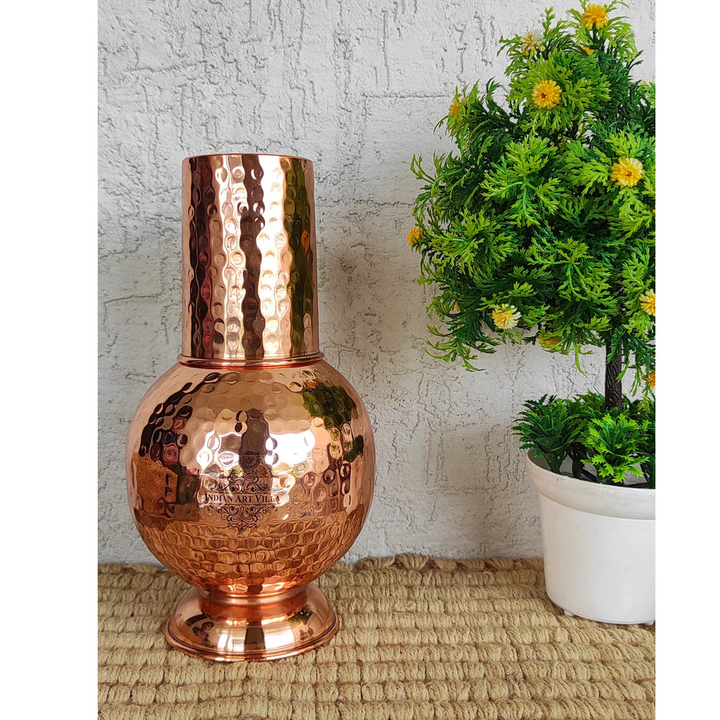 Indian Art Villa Pure Copper Surai Design Bedroom water Bottle With Inbuilt Glass, Drinkware