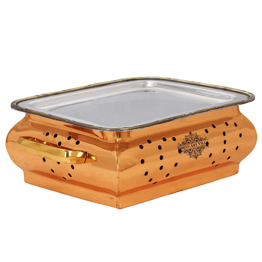 Indian Art Villa Pure Steel Copper Rectangular Food Warmer Length:- 8.8" Inch Serving Dishes Curry Home Hotel Restaurants Gift Item