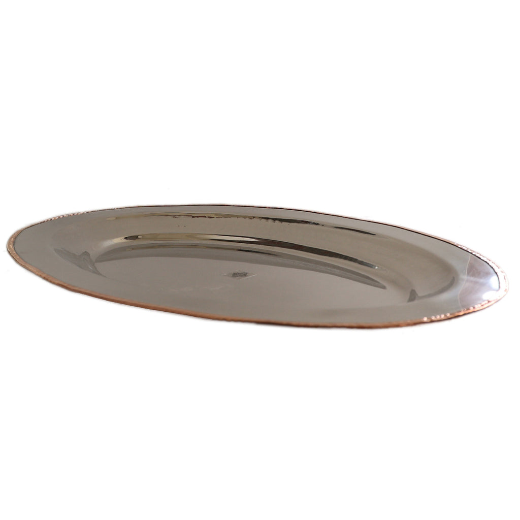 Indian Art Villa Steel Copper Plate/Platter With Oval & Flat Shape And Hammered Design, Dinnerware, Serveware & Tableware, Home Restaurant, Width- 21 Inch