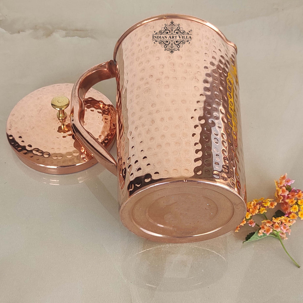 Indian Art Villa Pure Copper Hammered Antique Jug, Pitcher with Brass Knob on Lid, Serveware, Drinkware