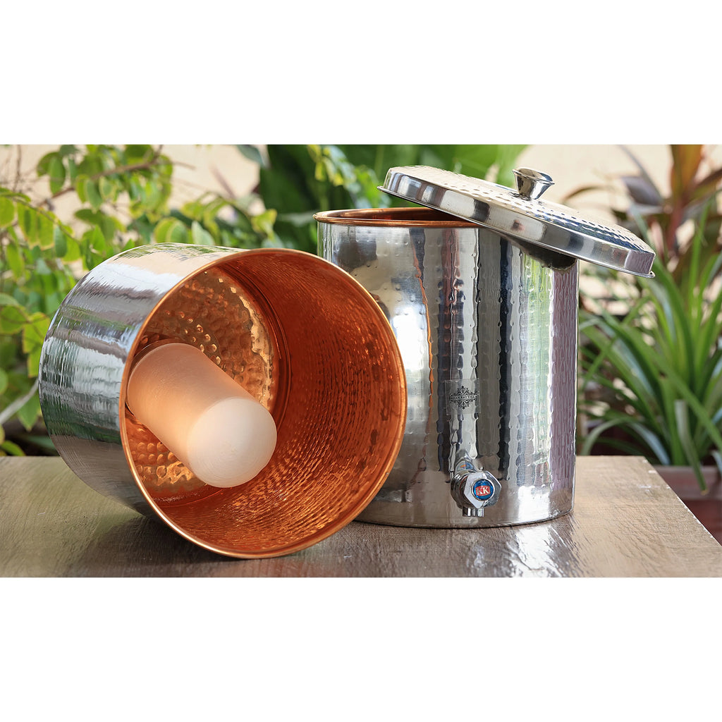 Indian Art Villa Steel Copper Hammered & Luxury Design Water Pot Tank with Tap and Filter