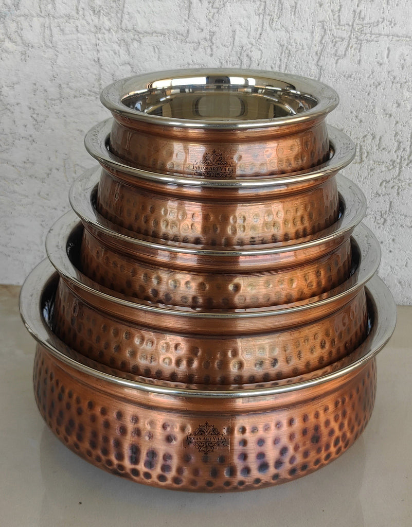Indian Art Villa Steel Copper Serving Antique Dark Tone Handi Bowl, Serveware & Tableware