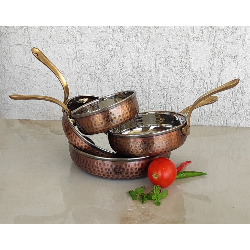 Indian Art Villa Steel Copper Hammered Antique Dark Tone Design Fry Pan with Brass Handle, Serveware & Tableware
