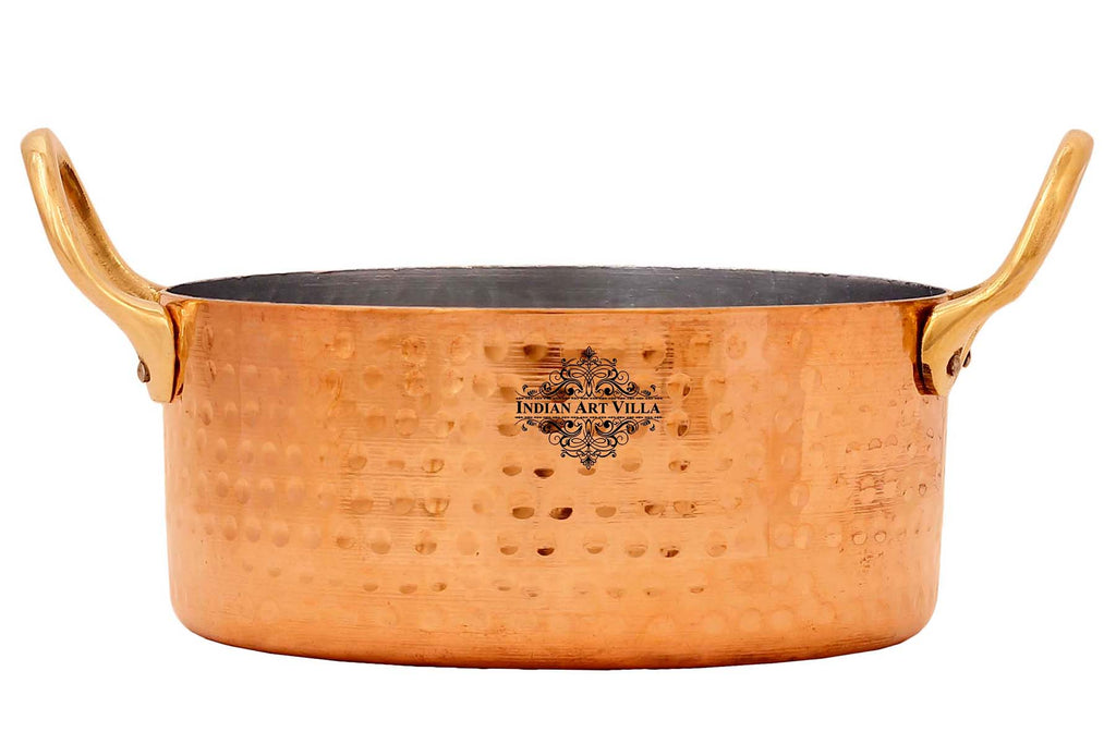 Indian Art Villa Pure Copper Round Dish With Tin Lining, Hammered Design, Serveware & Tableware