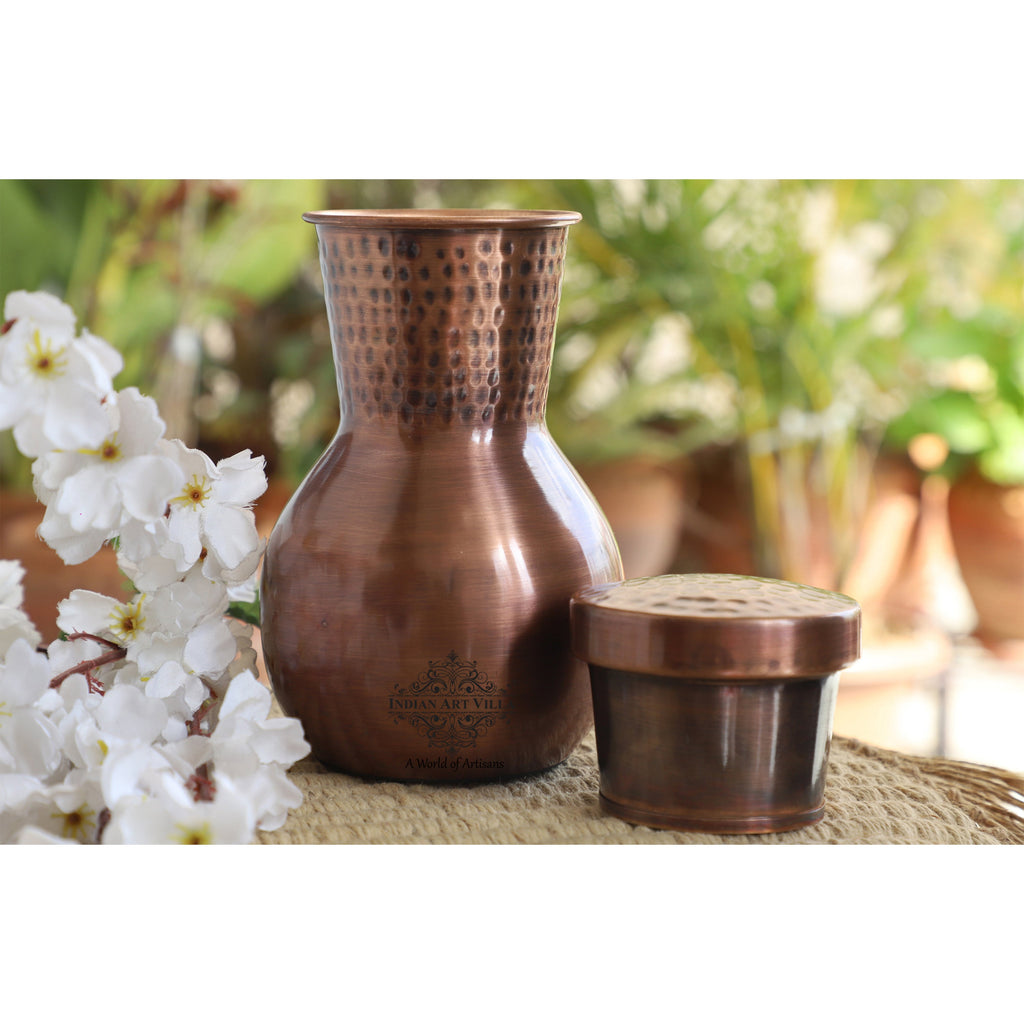 Indian Art Villa Copper Bedroom Bottle With Hammered & Smooth Matka Design Lacquer Coated, Drinkware & Storage Purpose