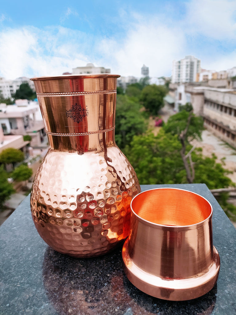 Indian Art Villa Pure Copper Smooth, Half-Hammered Matka Style Lacquer Coated Bedroom Bottle With Built-In Glass, Drinkware, 1200ml
