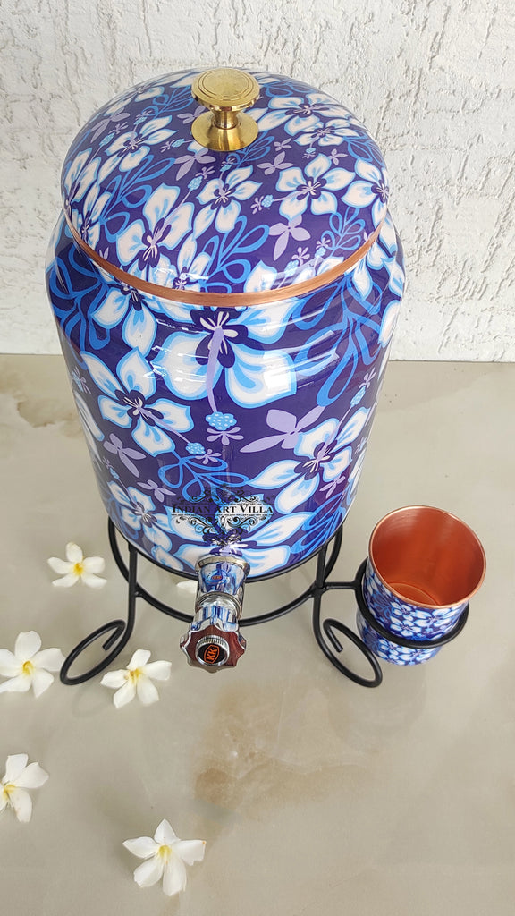 Indian Art Villa Copper Blue Floral Printed Design Water Pot With Stand & Glass | 5 Litres