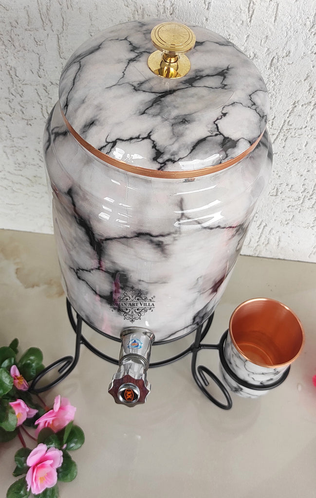 Copper White & Black Marble Printed Design Water Pot With Stand & Glass, 5 Liter