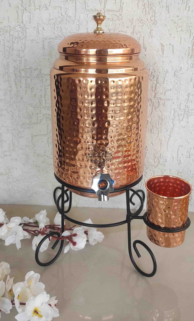 Indian Art Villa Copper Hammered Design Water Pot With Glass & Stand | 5 Litres