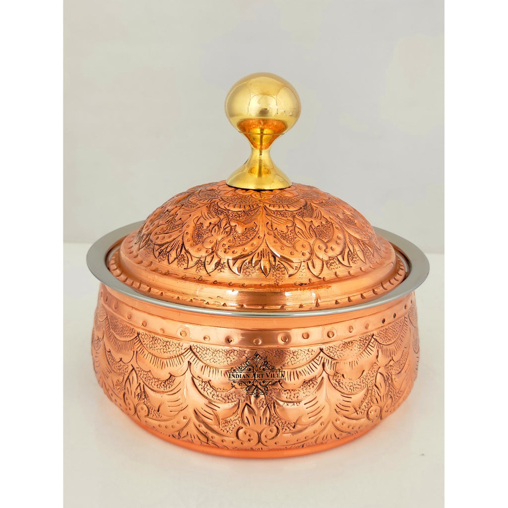 Indian Art Villa Steel Copper Casserole/Hot Pot With Deep Embossed Design & Brass Knob, Serveware, Tableware & Dinnerware For Home, Hotel & Restaurants