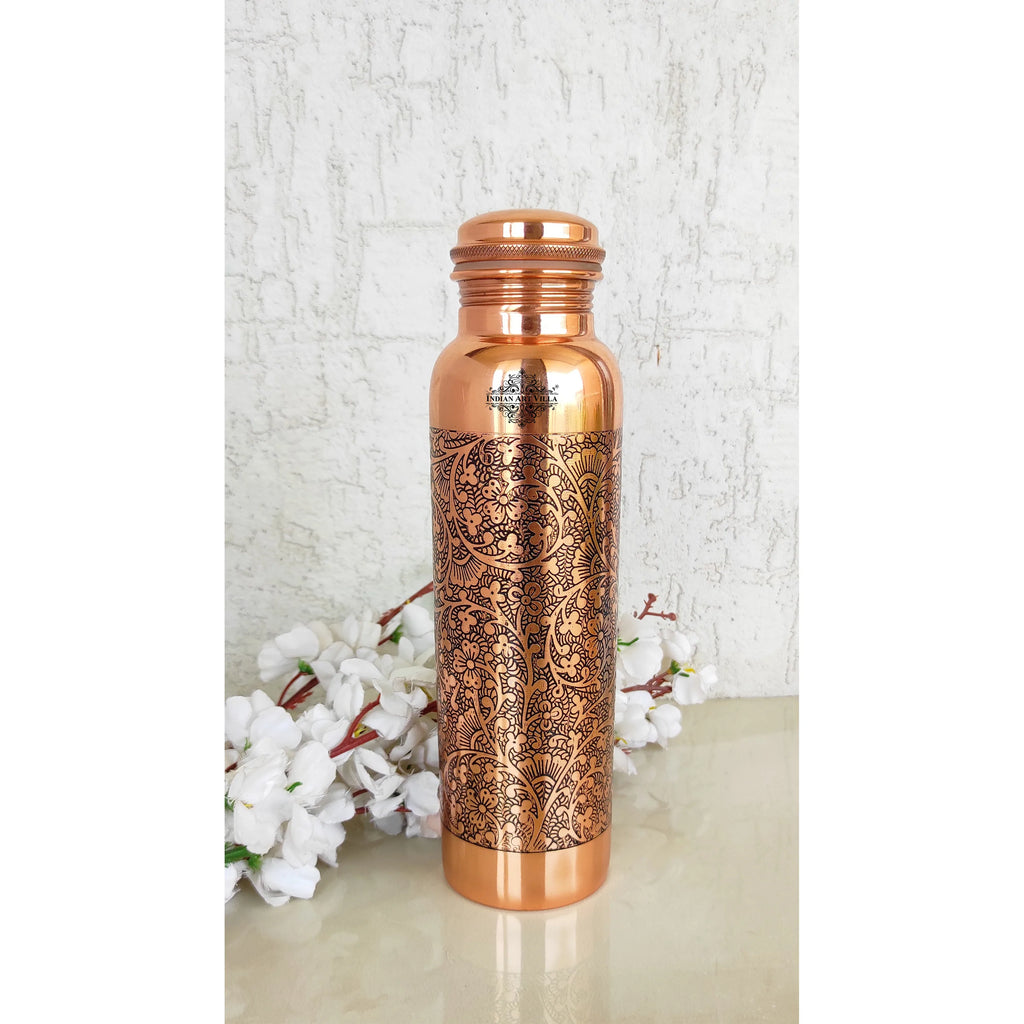 Indian Art Villa Pure Copper Dark Embossed Design Bottle 1000 ML, Storage & Drinkware, Health Benefits, Volume-1000ML