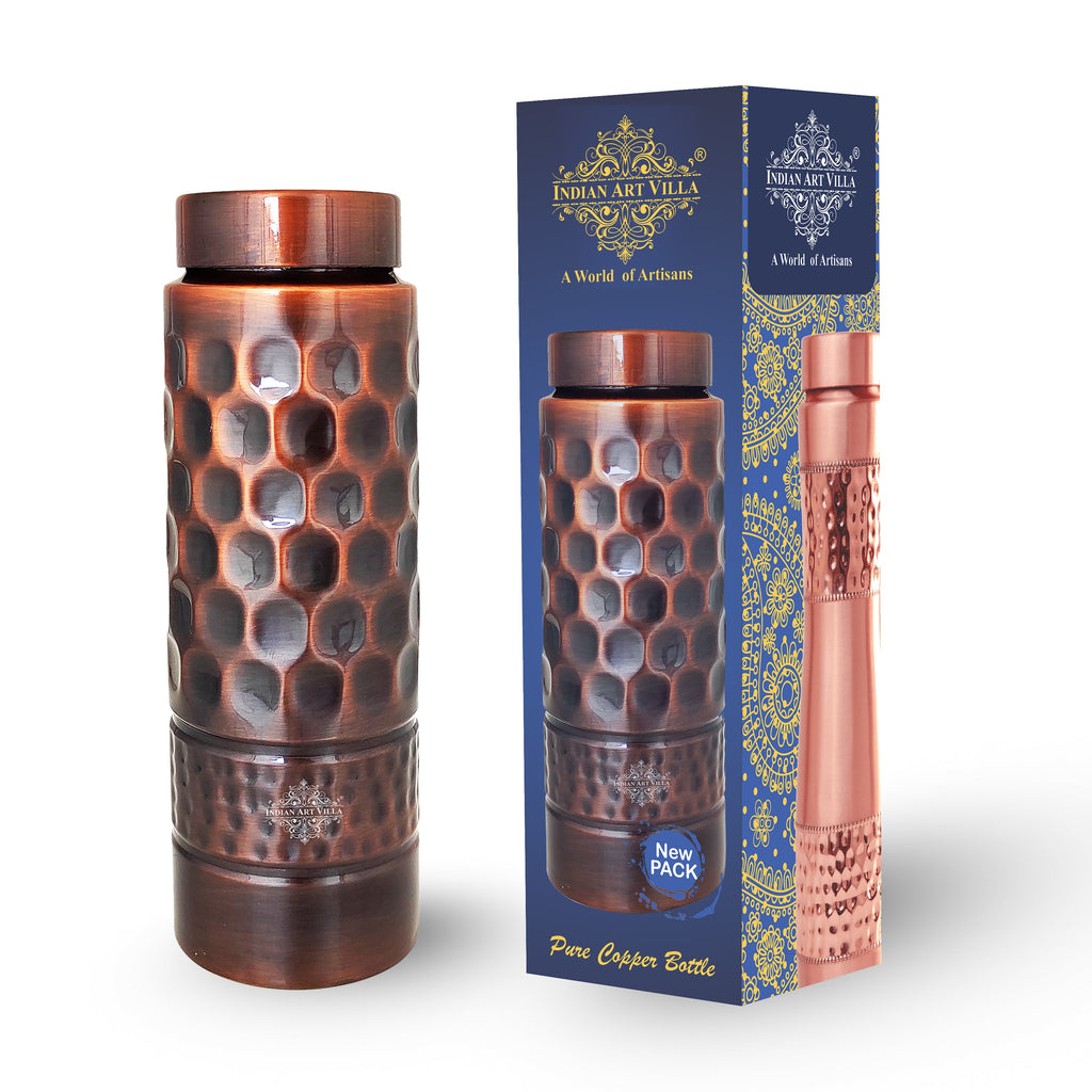 Pure Copper Straight Antique Dark Finish Bottle in honeycomb Design with Hammered Strip, Volume- 800 ML