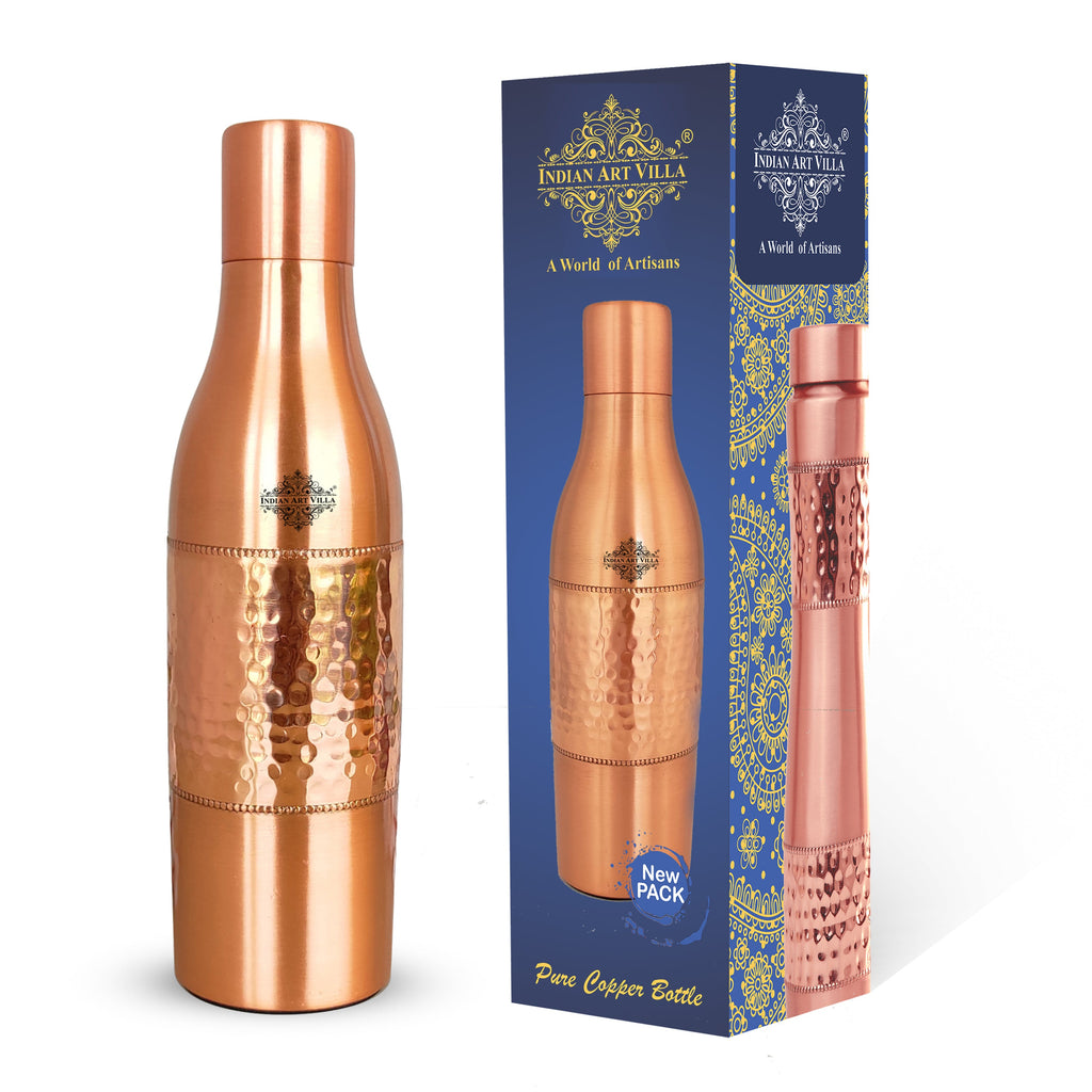 Indian Art Villa Pure Copper Champagne Style Hammered Lacquer Coated Leak Proof Water Bottle, Drinkware, Serveware, 1200 ml