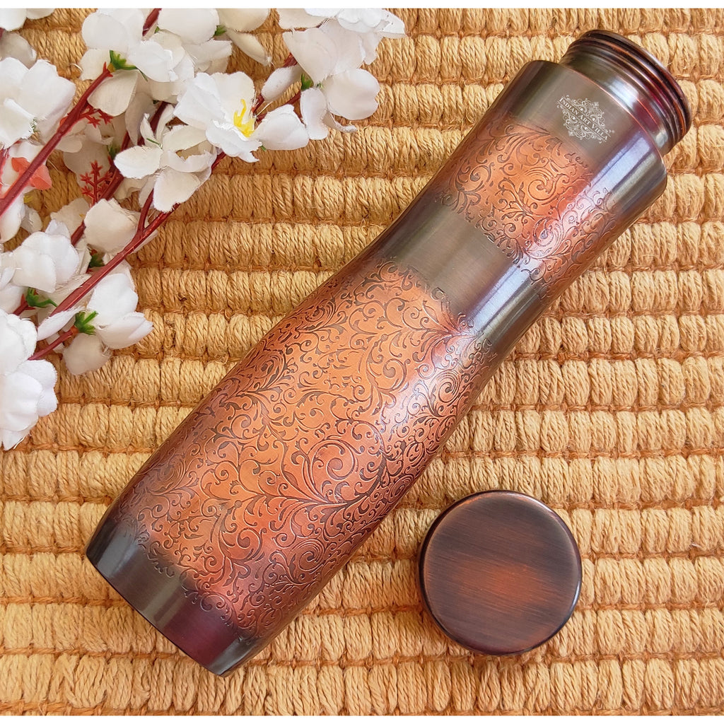 INDIAN ART VILLA Copper Antique Dark Finish Water Bottle with Embossed Design, Volume- 1000 ML