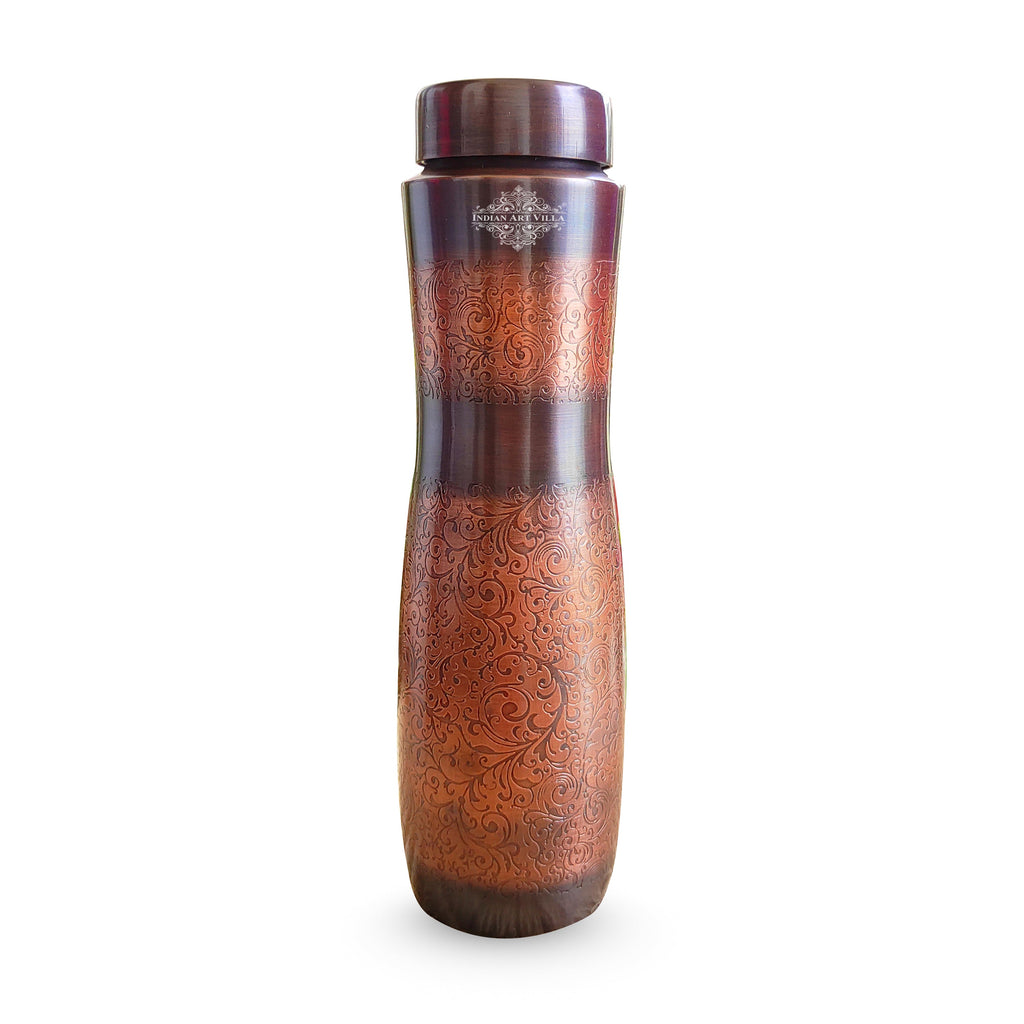 INDIAN ART VILLA Copper Antique Dark Finish Water Bottle with Embossed Design, Volume- 1000 ML