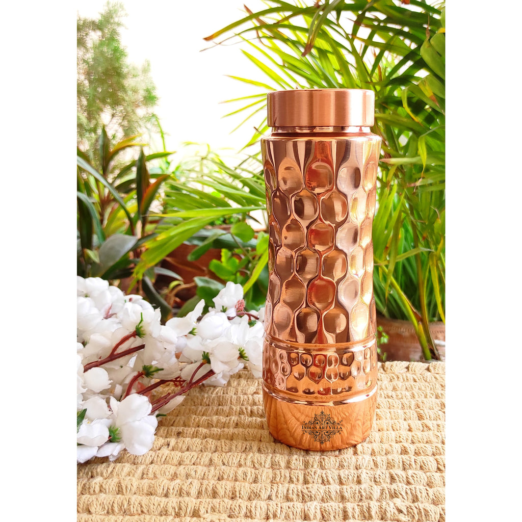 Indian Art Villa Copper Champion Bottle With Shine Finish & Antique Dark Finish in honeycomb Design with Hammered Strip, Volume- 750 ML