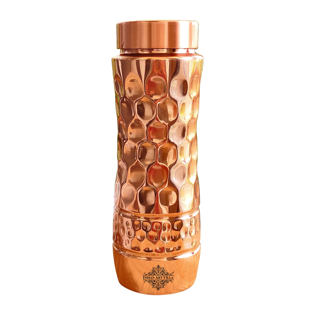Indian Art Villa Copper Champion Bottle With Shine Finish & Antique Dark Finish in honeycomb Design with Hammered Strip, Volume- 750 ML