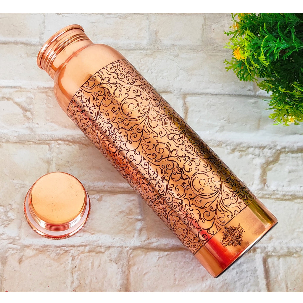 Indian Art Villa Pure Copper Water Bottle With Embossed Design, Drinkware & Storage Purpose, Ayurvedic Health Benefits, Volume- 1000 ML