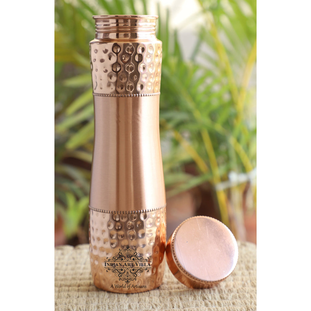 Indian Art Villa Pure Copper Water Bottle With Half Hammered Lacquer Champion Design, Drinkware & Storage Purpose, Ayurvedic Health Benefits, Volume- 1000 ML