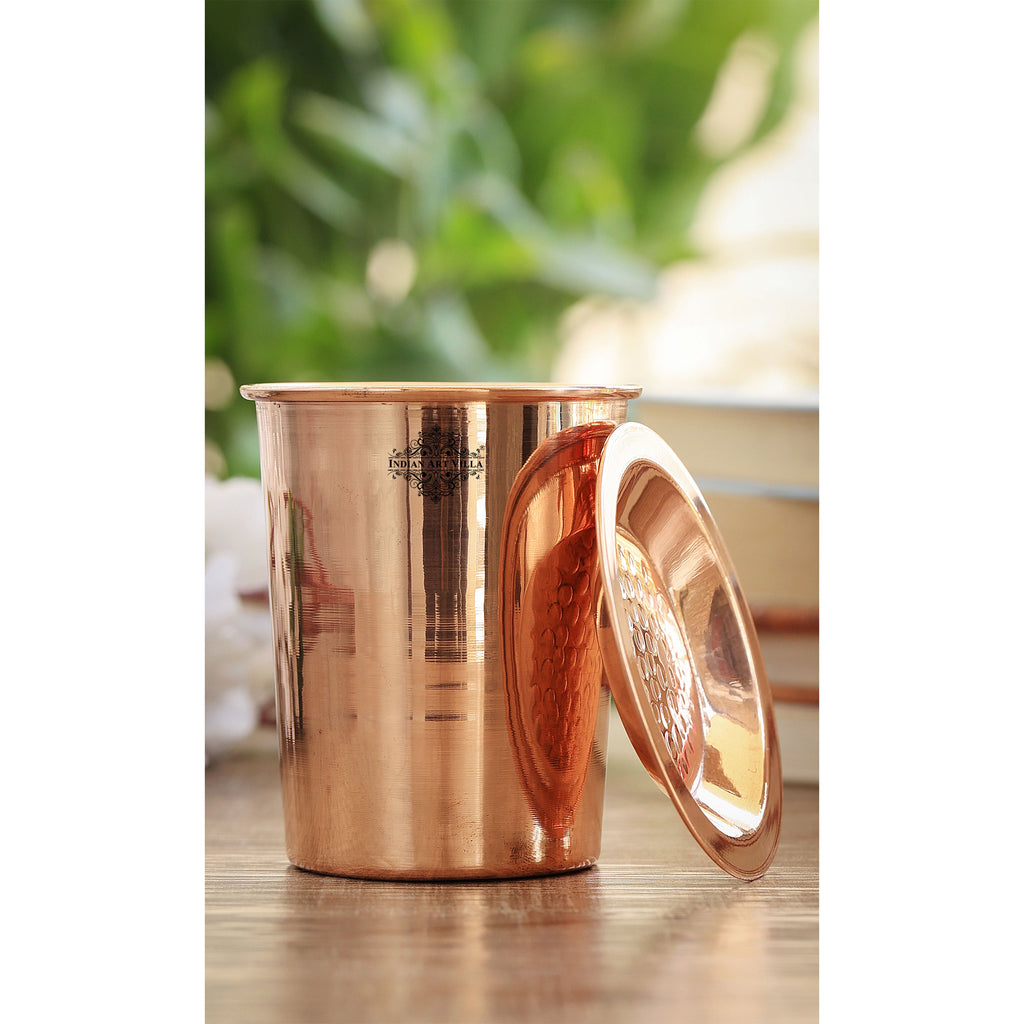 Indian Art Villa Pure Copper Plain Design Goblet Glass Tumbler with Lid 300 ML