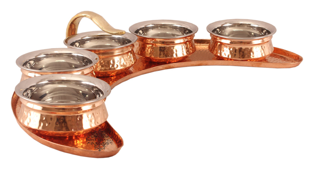 Indian Art Villa Pure Copper Maharaja Style Full Moon Tray Plate with 5 Serving Sauce Pots