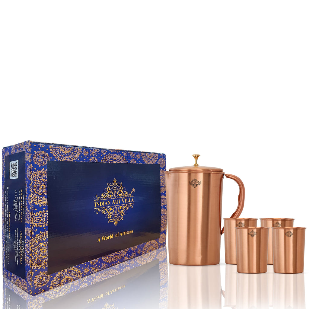 Indian Art Villa Pure Copper Lacquer Coated Jug Pitcher With Glass Tumbler Gift Set