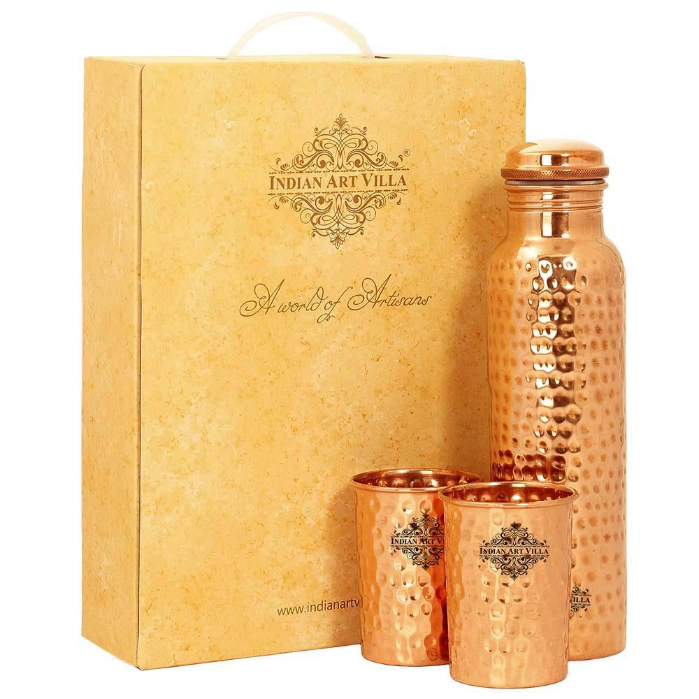 Indian Art Villa Set of Pure Copper Hammered Leak Proof Water Bottle & Two Glasses with a Gift Box, Drinkware, Glass: 300ml Each