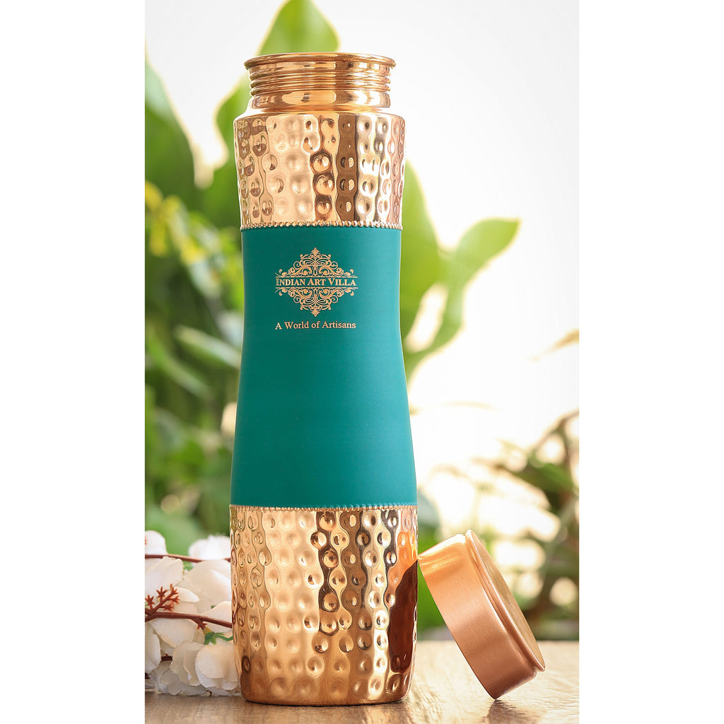 Indian Art Villa Copper Drinkware Gift Set of 2 Glass and 1 Bottle in Green Silk Finish